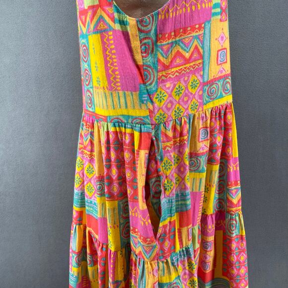 Vtg 80s 90s Two Potato Retro Artsy Midi Tiered Tie Shoulder Dress M Resort Wear - Picture 7 of 16